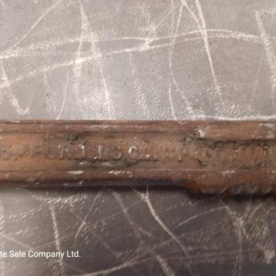 Wooden box with assortment of Antique rusty tools and hardware