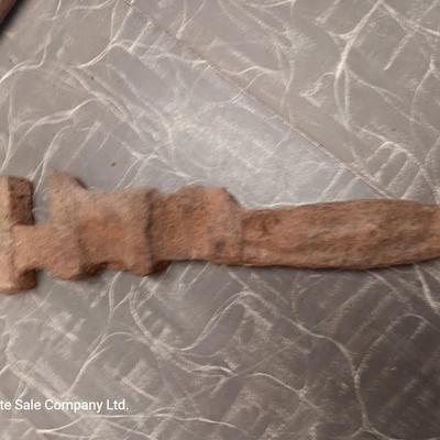 Wooden box with assortment of Antique rusty tools and hardware