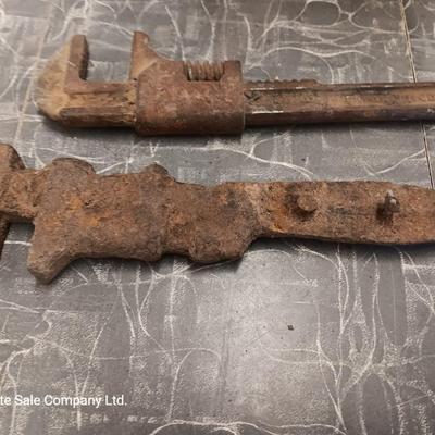 Wooden box with assortment of Antique rusty tools and hardware