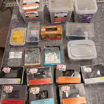 Assortment of hardware still in the boxes / tubs