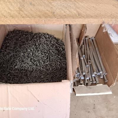 Partial Box of 13 GA 19/64" copperhead drywall nails and several long bolts