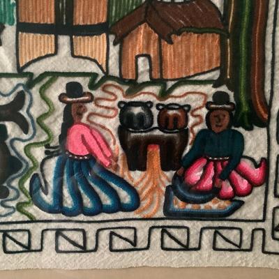 354 Framed South American Crewel Embroidery Peruvian Artwork