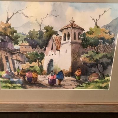 358 Original Signed Peruvian Church Scene Watercolor Artwork