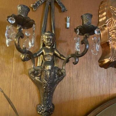 One of FOUR  Brass and Crystal Cupid wall sconces