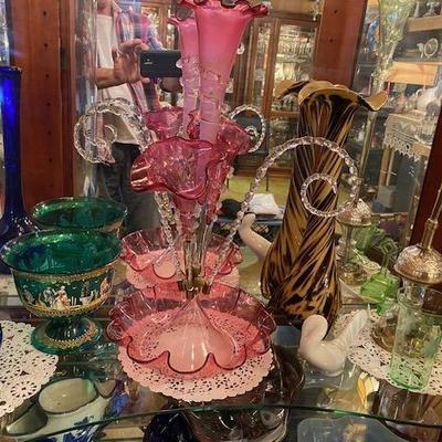 Victorian Large Cranberry blown  glass flower holder Epergne Centerpiece