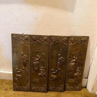 Gilded pair 2 scene repousse relief  picture