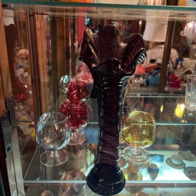 Unique Ribbed vintage SWUNG Vase and 4 colorful etched brandy glasses