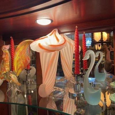 Vintage Murano Pieces incl glass patterned apple, Older Colorful blown glass Rooster, and Varigated color Horn