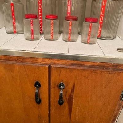 Rare Early Deco Red and clear ribbed Owens Illinois  OVID glass canister set