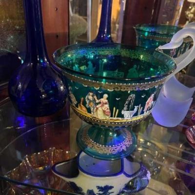 Rare Late 18th Century Venetian Pedestal Wedding Cup Hand decorated with multi-color enamel Rocco figures and Gondolas with gold edging