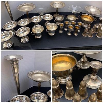 Large Sterling Weighted Lot - Trumpet Vase, Raised Dishes, Salt/Peppers, Candle Base, Creamer/Sugar +++