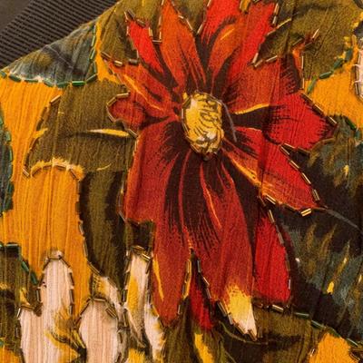 Holiday Glamour: Vintage Beaded Poinsettia Print Jacket with Stylish Gathered Waist - Size M