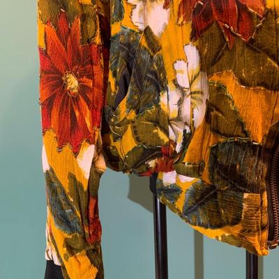 Holiday Glamour: Vintage Beaded Poinsettia Print Jacket with Stylish Gathered Waist - Size M