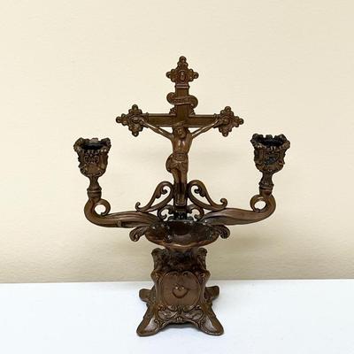 Brass/Bronze Crucifix With Candle Holders & Holy Water Shell