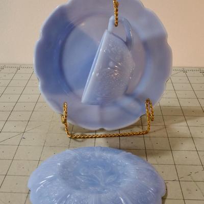 Antique Light Blue Set. Desert, Tea Cup and Saucer, Cherry pattern