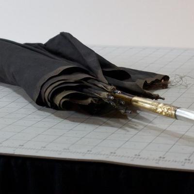 Antique Victorian Umbrella, Black with Gold Plated and Mother of Pearl Handle Dated 1908