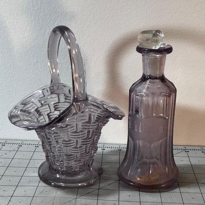 Antique PURPLE Glass Bottle & Basket 