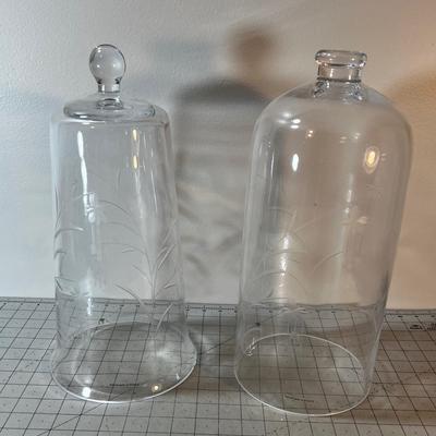 2 Etched Glass Shaped Bells / Covers 