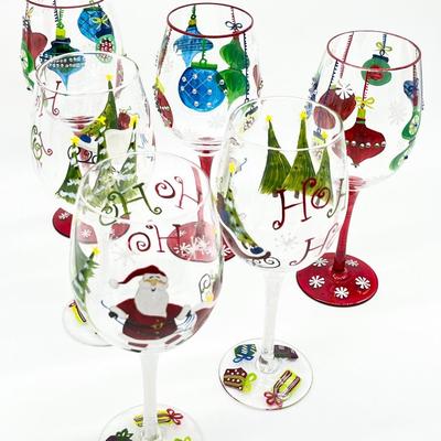 Hand Painted Holly Jolly Holiday Wine Glasses ~ Set Of Six (6)