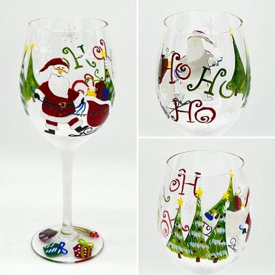 Hand Painted Holly Jolly Holiday Wine Glasses ~ Set Of Six (6)
