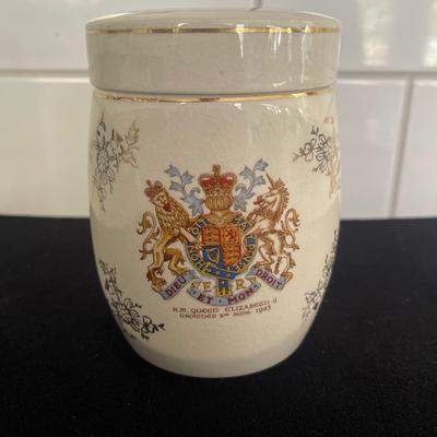 Vintage Sandland Ware Porcelain Tea Canister, Queen Elizabeth II Coronation