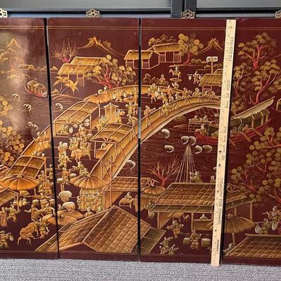 Chinese Spring Festival Chinoiserie Scenery Motif 4 painted wood wall panels Asian wall art