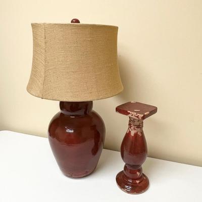 Brick Red Ceramic Table Lamp With Burlap Shade & Matching Candelabra