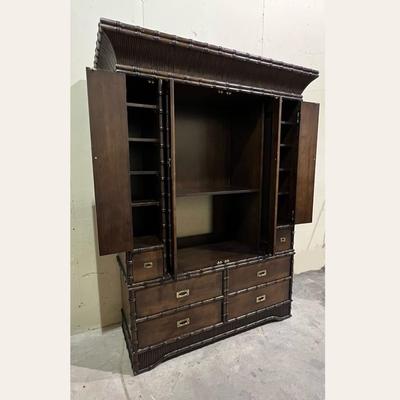 FICKS REED ~ Solid Wood Bamboo / Cane Style Mirrored Armoire
