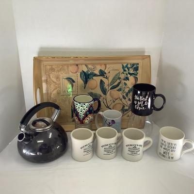 380 Lot of Assorted Coffee Mugs, Tray, Tea Pot