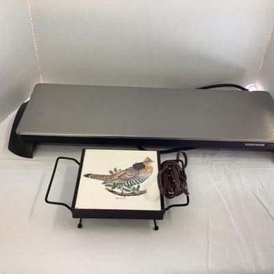 384 Two Warming Trays Toastess Stainless Steel with Vintage Ruffled Grouse Single Warmer