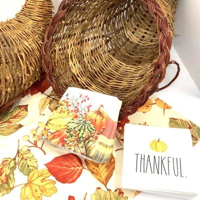 391 Two Woven Basket Cornucopias Fall Decor
