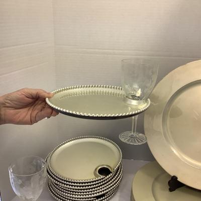 396 Lot of Wine Waiter Plates, with Two Etched Glass Stemware, 8 Plastic Champagne Chargers