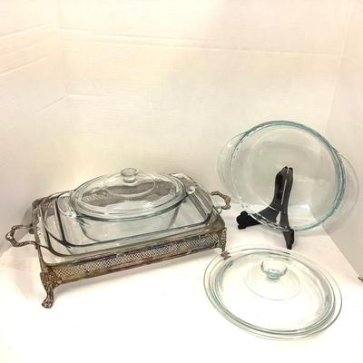 397 Pyrex Pie Dishes , Casserole Dishes, Covered Casserole , Silver Plate Holder