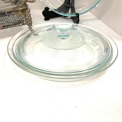 397 Pyrex Pie Dishes , Casserole Dishes, Covered Casserole , Silver Plate Holder