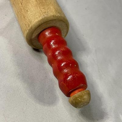 Vintage Red Handled Wood Rolling Pin
