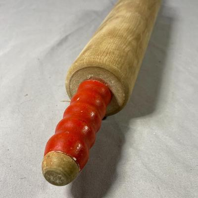 Vintage Red Handled Wood Rolling Pin