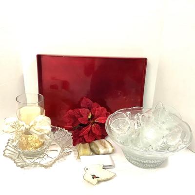 411 Red Tray with LED Votive Holder, Nutdishes, Punch Bowl with Cups
