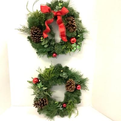 421 Pair of Artificial Pinecone and Red Ball Wreaths