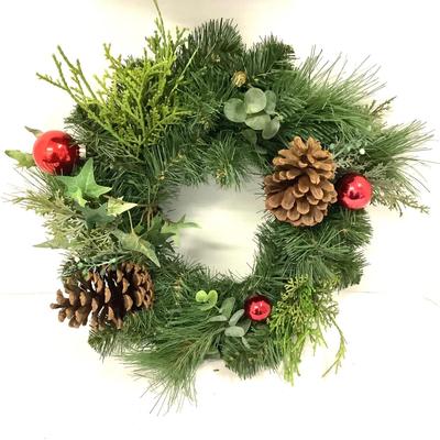 421 Pair of Artificial Pinecone and Red Ball Wreaths