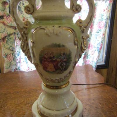 Hand Painted Porcelain Urn Shaped Lamp with Shade- Approx 24 3/4