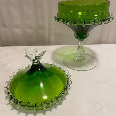 Venetian Emerald Green Glass Sweet Meat Lidded Empoli dish