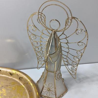 Collection of vintage Angels and a gold-colored oval platter.