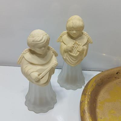 Collection of vintage Angels and a gold-colored oval platter.