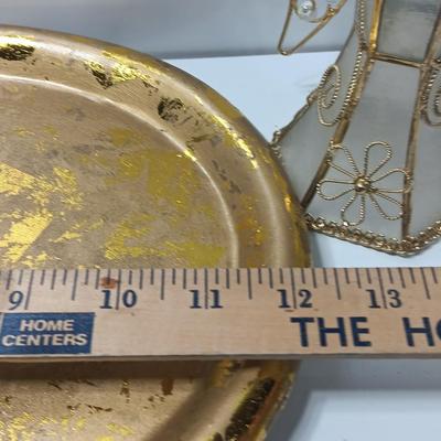 Collection of vintage Angels and a gold-colored oval platter.