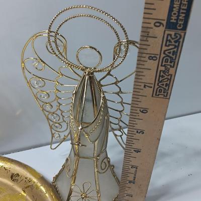 Collection of vintage Angels and a gold-colored oval platter.
