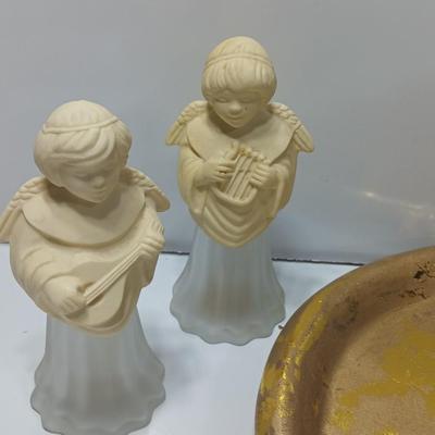 Collection of vintage Angels and a gold-colored oval platter.
