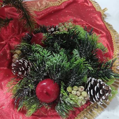 Faux Christmas tree with ornaments and bows - tree skirt and Plastic greenery