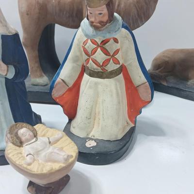Antique chalkware or clay Nativity set This is a very old set!