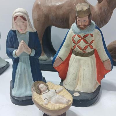 Antique chalkware or clay Nativity set This is a very old set!