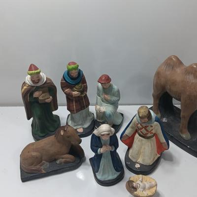 Antique chalkware or clay Nativity set This is a very old set!